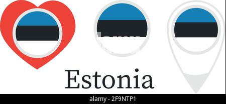 National flag of Estonia, round icon, heart icon and location sign, vector Stock Vector