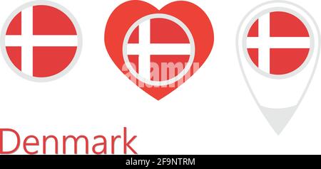 National flag of Denmark, round icon, heart icon and location sign, vector Stock Vector