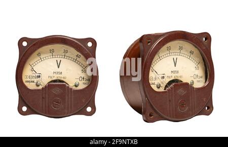 Old measuring device amperemeter on a white background in two angles m358m made in the USSR Stock Photo