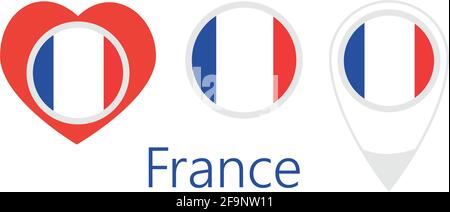 National flag of France, round icon, heart icon and location sign, vector Stock Vector