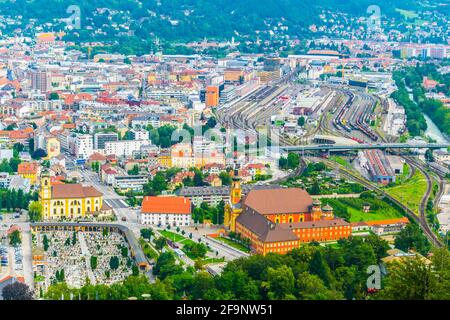 Aerial view of the Stift Wilten abbey in the Austrian city Innsbruck. Stock Photo