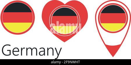 National flag of Germany, round icon, heart icon and location sign, vector Stock Vector