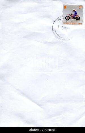 GOMEL, BELARUS - APRIL 20, 2021: Old envelope which was dispatched from Chanel Islands to Gomel, Belarus, March 8, 2021. Stock Photo