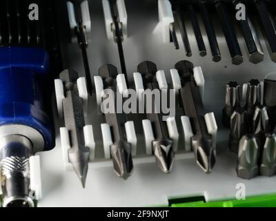 Display of tools shop marketing for home and auto repair. Selective focus. Macro. Stock Photo