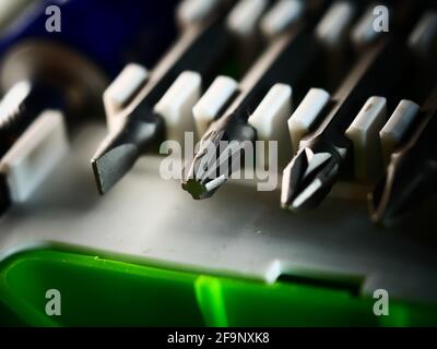 Display of tools shop marketing for home and auto repair. Selective focus. Macro. Stock Photo