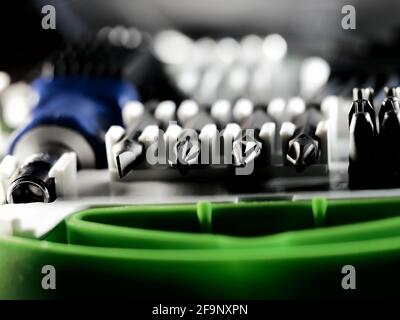 Display of tools shop marketing for home and auto repair. Selective focus. Macro. Stock Photo