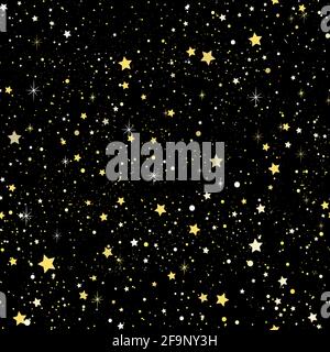 Night sky with stars. Seamless background with twinkling gold stars and confetti. Shimmer on a black background. Continuous magic pattern for design.V Stock Vector