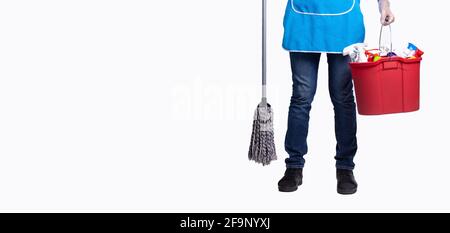 Banner, long format over white background with plenty space for your advertisement. Cropped photo of man body in apron with cleaning products in red Stock Photo