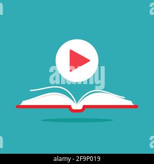 red opened book with play button on blue background. Flat vector illustration. Internet education online logo. Study, learn online concept. Listen aud Stock Vector