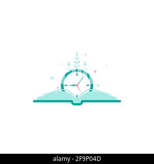 blue open book with blue clock. Isolated on white background. Flat reading icon. Vector illustration. Education, learning logo. Knowledge sign. Time t Stock Vector