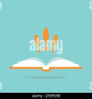 thick opened book with orange cover and three exclamation marks. Isolated on blue. Flat reading icon. Vector illustration. Education logo. Library pic Stock Vector