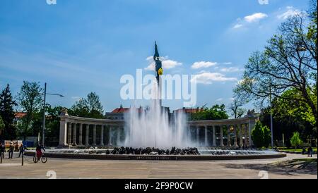 A fountain with a large sculpture of soldiers on a stele on the Soviet memorial monument in Vienna / Russians monument Vienna Stock Photo