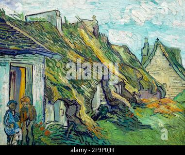 Thatched Sandstone Cottages at Chaponval, Thatched Cottages in Chaponval, Auvers-sur-Oise, Vincent van Gogh, 1890, Stock Photo