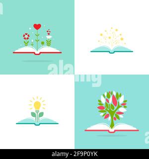 open book with green tree, stars, hearts and bulb. Flat illustrations set. Reading icon. Vector illustration. inspiration pictogram. Knowledge, study, Stock Vector