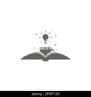Open book with shining bulb and coffee cup. Flat icon isolated on white background. Vector illustration. Idea, inspiration, brainstorm concept. Readin Stock Vector