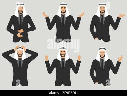 vector illustration of a arab man character expressions with hands gesture, cartoon muslim businessman wit different emotion Stock Vector