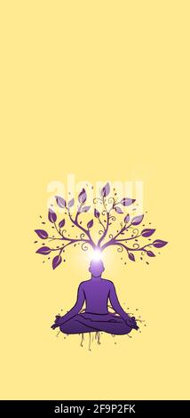 Spiritual background with human silhouette meditating and life tree isolated in color background Stock Photo