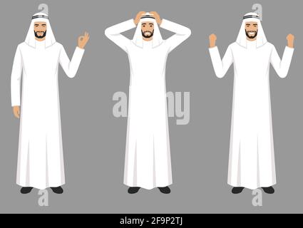 vector illustration of a arab man character expressions with hands gesture, cartoon muslim businessman wit different emotion Stock Vector