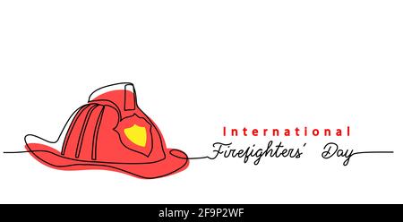 Firefighters day simple web banner, poster, background. Fireman red helmet one continuous line drawing vector illustration. Lettering International Stock Vector