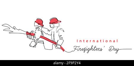 Two Fireman with hose in red helmets. Lettering International Firefighters day.One continuous line drawing vector illustration of fireman Stock Vector