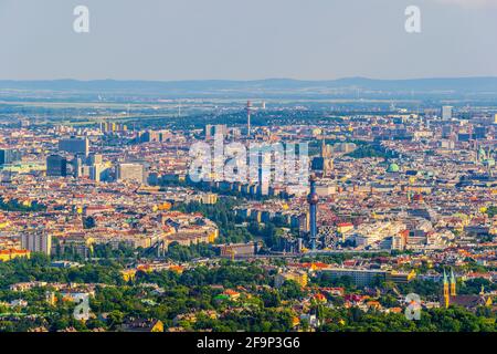 Aerial view of the historical center of vienna including stephamsdom cathedral belvedere palace, karlskirche church and many other sights from kahlenb Stock Photo