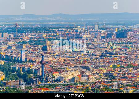 Aerial view of the historical center of vienna including stephamsdom cathedral belvedere palace, karlskirche church and many other sights from kahlenb Stock Photo
