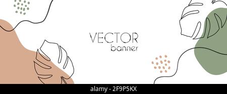 Vector long banner with organic shapes and tropical leaves. Trendy minimal abstract background for social media design Stock Vector