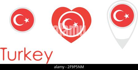 National flag of Turkey, round icon, heart icon and location sign, vector Stock Vector