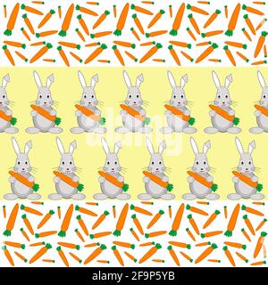Rabbits and carrots seamless pattern on yellow background Stock Vector