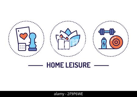 Home leisure line color icons set. Homework: Cleaning, Cooking, Yoga. Isolated vector element Stock Vector