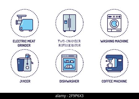 Household appliances color line icons set. Home and kitchen electronics. Domestic technology. Signs for web page, mobile app, banner Stock Vector
