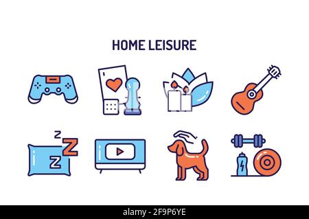 Home leisure line color icons set. Homework: Cleaning, Cooking, Yoga. Isolated vector element Stock Vector