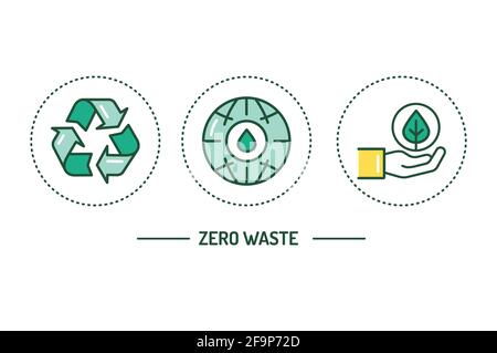 Zero waste line black icons set. Eco friendly lifestyle. Outline pictogram for web page, mobile app, promo Stock Vector