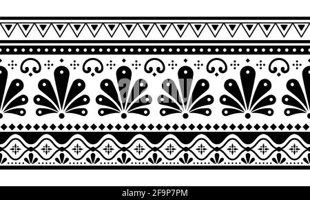 Talavera Poblana vector seamless long horizontal black and white pattern inspired by traditional Mexican decorated pottery and ceramics Stock Vector