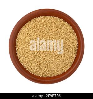 Top view of amaranth seeds in a small bowl isolated on a white background. Stock Photo