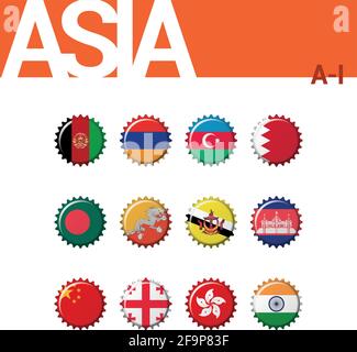 Set of 12 bottlecap flags of Asia (A-I). Set 1 of 4. Vector Illustration. Afghanistan, Armenia, Azerbaiyan, Bahrain, Bangladesh, Bhutan, Brunei, Cambo Stock Vector