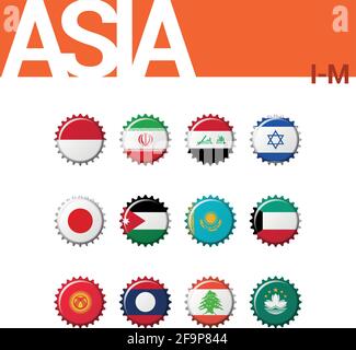 Set of 12 bottlecap flags of Asia (I-M). Set 2 of 4. Vector Illustration. Indonesia, Iran, Iraq, Israel, Japan, Jordan, Kazakhstan, Kuwait, Kyrgyzstan Stock Vector