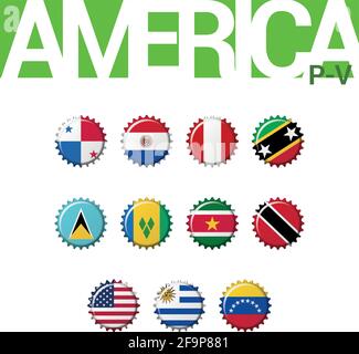 Set of 12 bottlecap flags of America (P-V). Set 3 of 3. Vector Illustration. Panama, Paraguay, Peru, Saint Kitts and Nevis, Saint Lucia, Saint Vincent Stock Vector