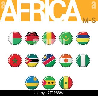 Set of 13 bottlecap flags of Africa (M-S). Set 3 of 4. Vector Illustration. Madagascar, Malawi, Mali, Mauritania, Mauritius, Morocco, Mozambique, Nami Stock Vector