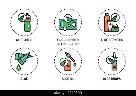Aloe color line icons set. Vector illustration. Outline pictograms for web page, mobile app, promo. Stock Vector