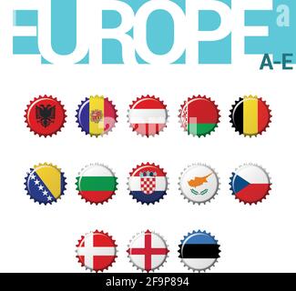 Set of 13 bottlecap flags of Europe (A-E). Set 1 of 4. Vector Illustration. Albania, Andorra, Austria, Belarus, Belgium, Bosnia and Herzegovina, Bulga Stock Vector