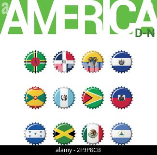 Set of 12 bottlecap flags of America (D-N). Set 2 of 3. Vector Illustration. Dominica, Dominican Rep, Ecuador, El Salvador, Grenada, Guatemala, Guyana Stock Vector