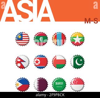Set of 12 bottlecap flags of Asia (M-S). Set 3 of 4. Vector Illustration. Malaysia, Maldives, Mongolia, Myanmar (Burma), Nepal, North Korea, Oman, Pak Stock Vector