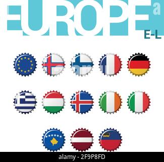 Set of 13 bottlecap flags of Europe (E-L). Set 2 of 4. Vector Illustration. European Union, Faroe Islands, Finland, France, Germany, Greece, Hungary, Stock Vector
