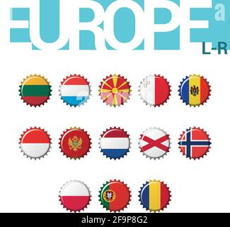Set of 13 bottlecap flags of Europe (L-R). Set 3 of 4. Vector Illustration. Lithuania, Luxembourg, Macedonia, Malta, Moldova, Monaco, Montenegro, Neth Stock Vector