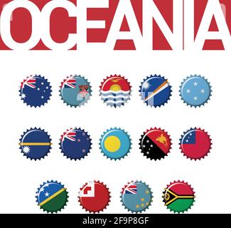 Set of 14 bottlecap flags of Oceania. Vector Illustration. Australia, Fiji, Kiribati, Marshall Islands, Micronesia, Nauru, New Zealand, Palau, Papua N Stock Vector
