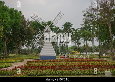 Scenic view of a classic vintage windmill in a park Stock Photo