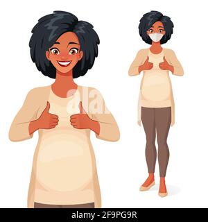 Smiling black African pregnant woman showing thumbs up. Vector illustration. Stock Vector