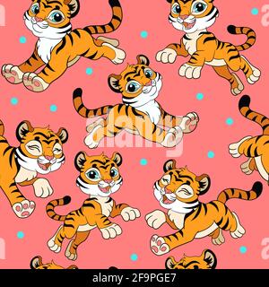 Seamless pattern with cartoon happy and cute tigers on pink background. Vector illustration for party, print, baby shower, wallpaper, design, decor, l Stock Vector