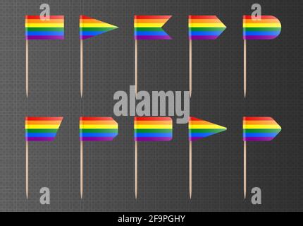 Rainbow LGBTQ toothpick flags isolated on a transparent background. Pride flag on a wooden stick. Stock Vector